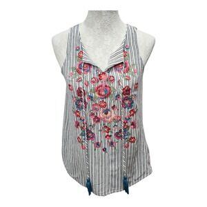 Savanna Jane Boho Embroidered Floral Striped Halter Top Size S Tassel Hem Spring